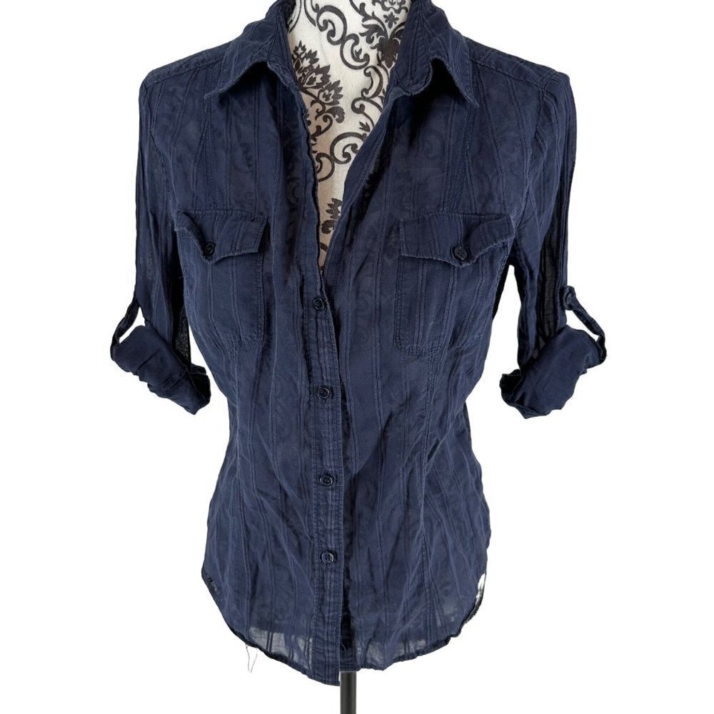 * Vintage New York & Company Button Down Navy Blouse Size Medium